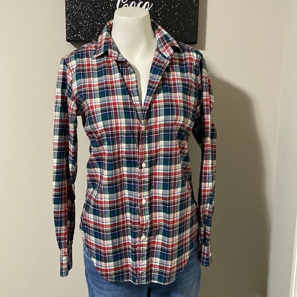 FRANK & EILEEN BARRY WOVEN BUTTON UP RED BLUE PLAID Shirt Top XS - Picture 2 of 13